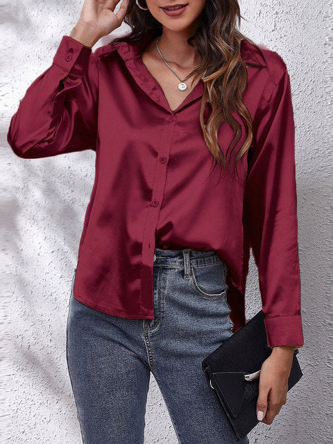 Serenique Satin Long Sleeve Blouse – Elegant Loose Fit Shirt for Women