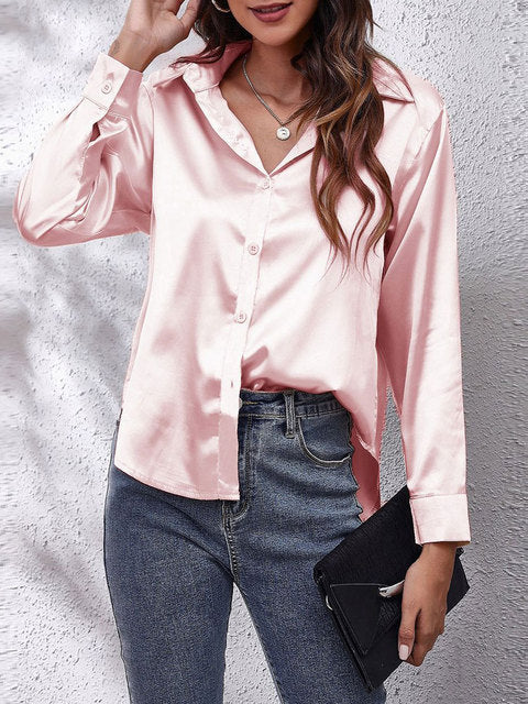 Serenique Satin Long Sleeve Blouse – Elegant Loose Fit Shirt for Women