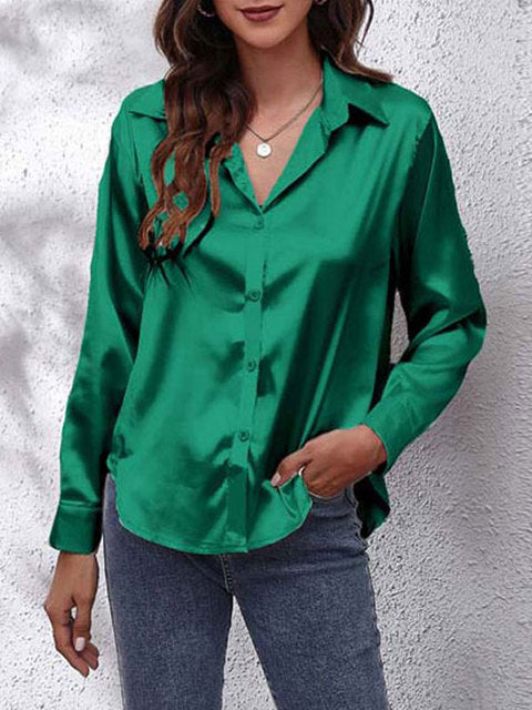 Serenique Satin Long Sleeve Blouse – Elegant Loose Fit Shirt for Women