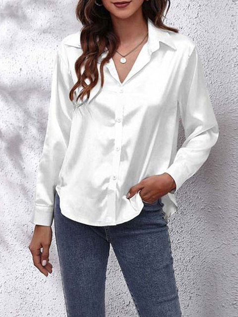 Serenique Satin Long Sleeve Blouse – Elegant Loose Fit Shirt for Women