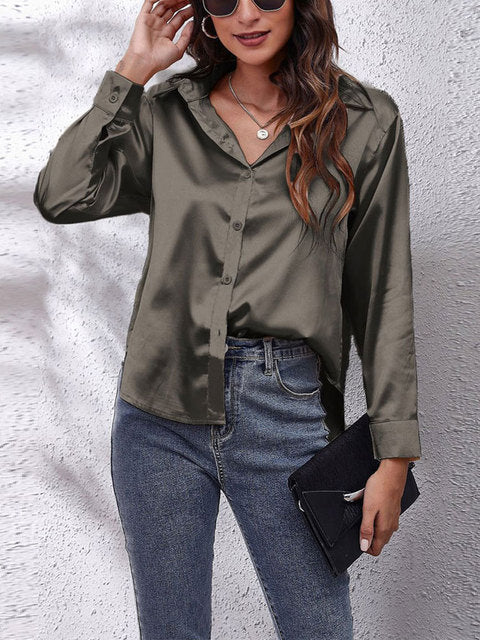 Serenique Satin Long Sleeve Blouse – Elegant Loose Fit Shirt for Women