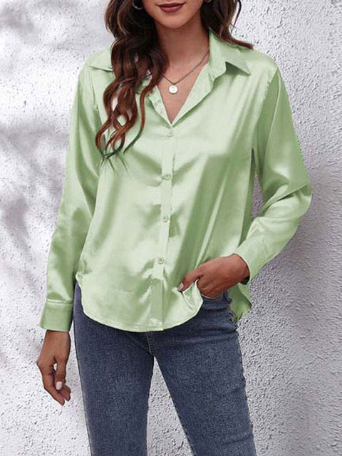Serenique Satin Long Sleeve Blouse – Elegant Loose Fit Shirt for Women