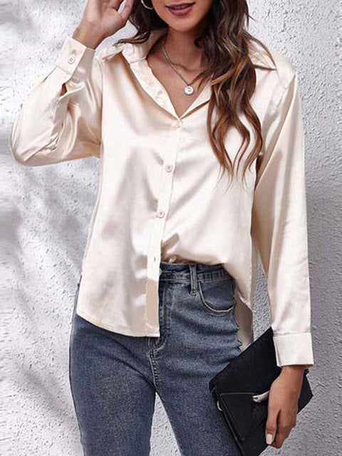 Serenique Satin Long Sleeve Blouse – Elegant Loose Fit Shirt for Women