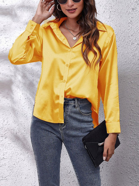Serenique Satin Long Sleeve Blouse – Elegant Loose Fit Shirt for Women