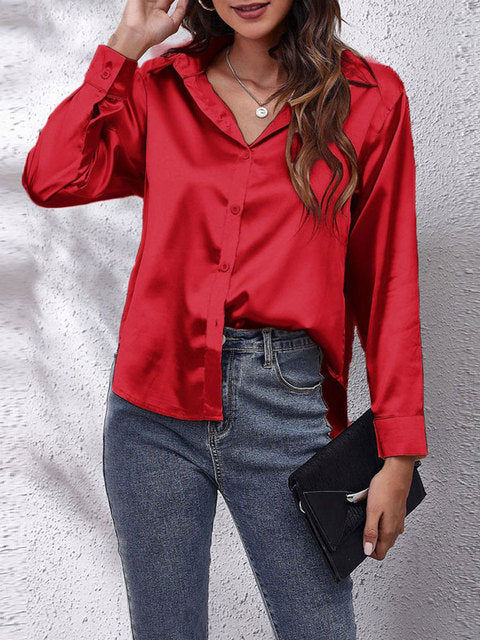 Serenique Satin Long Sleeve Blouse – Elegant Loose Fit Shirt for Women