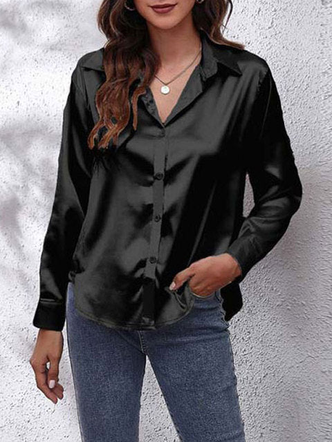 Serenique Satin Long Sleeve Blouse – Elegant Loose Fit Shirt for Women