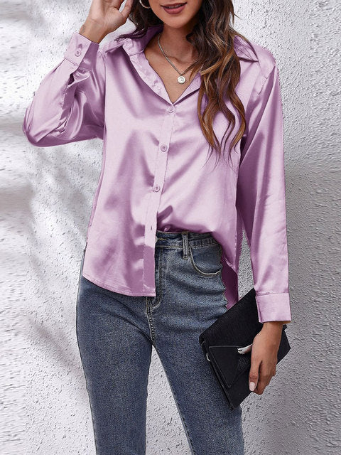 Serenique Satin Long Sleeve Blouse – Elegant Loose Fit Shirt for Women