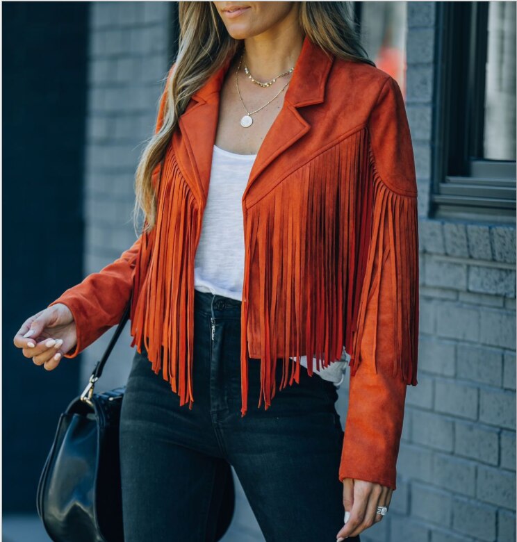 Velmora Cropped Fringe Jacket with Lapel Collar for Women
