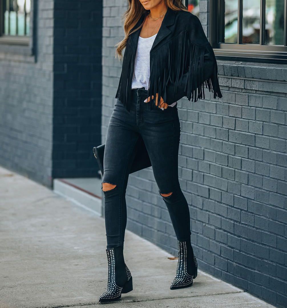 Velmora Cropped Fringe Jacket with Lapel Collar for Women