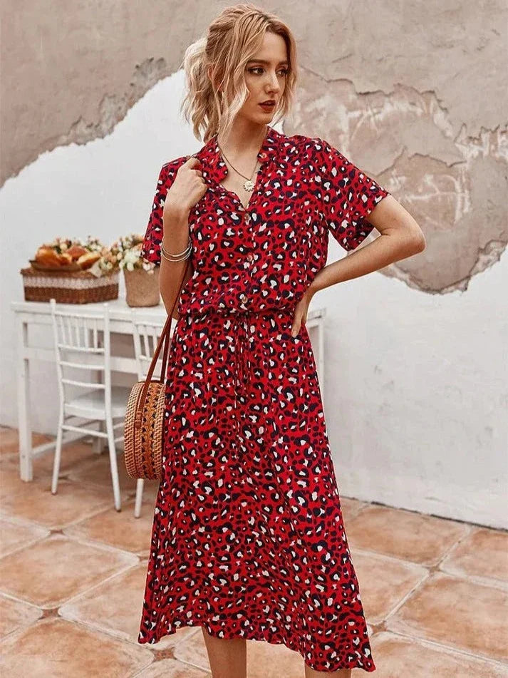 Leovira Vintage Leopard Print Belted Summer Dress
