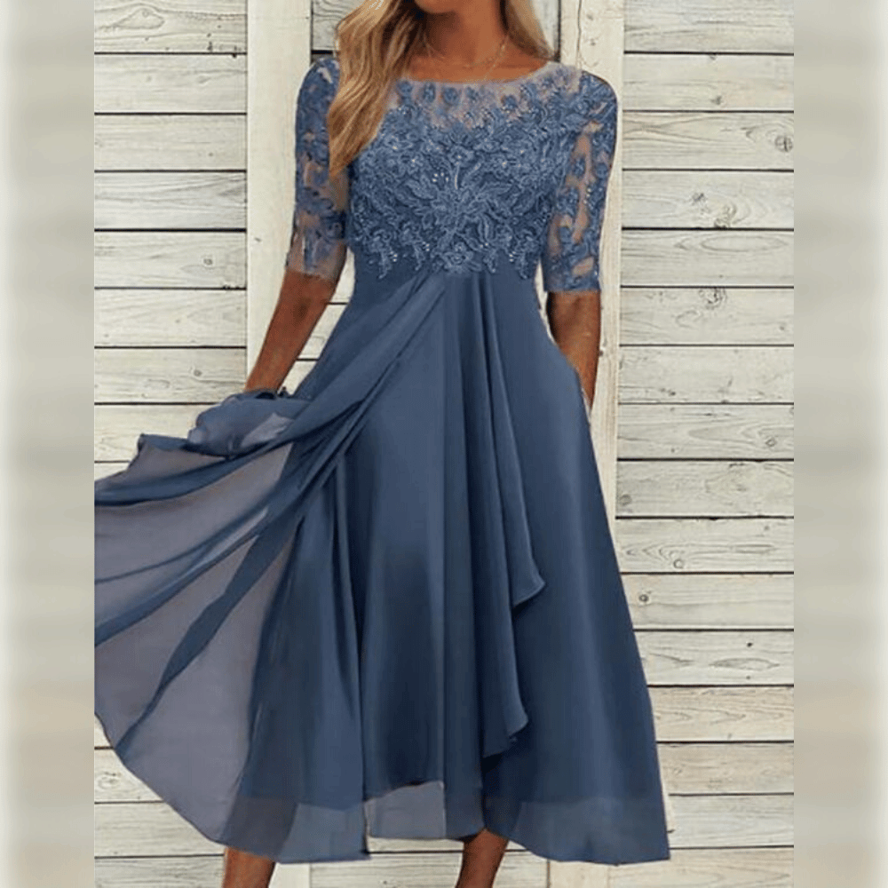 Elivara | High-Waist Chiffon Midi Dress for Women