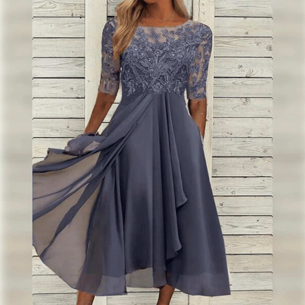 Elivara | High-Waist Chiffon Midi Dress for Women