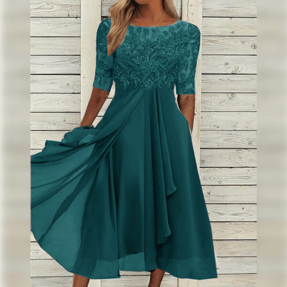 Elivara | High-Waist Chiffon Midi Dress for Women