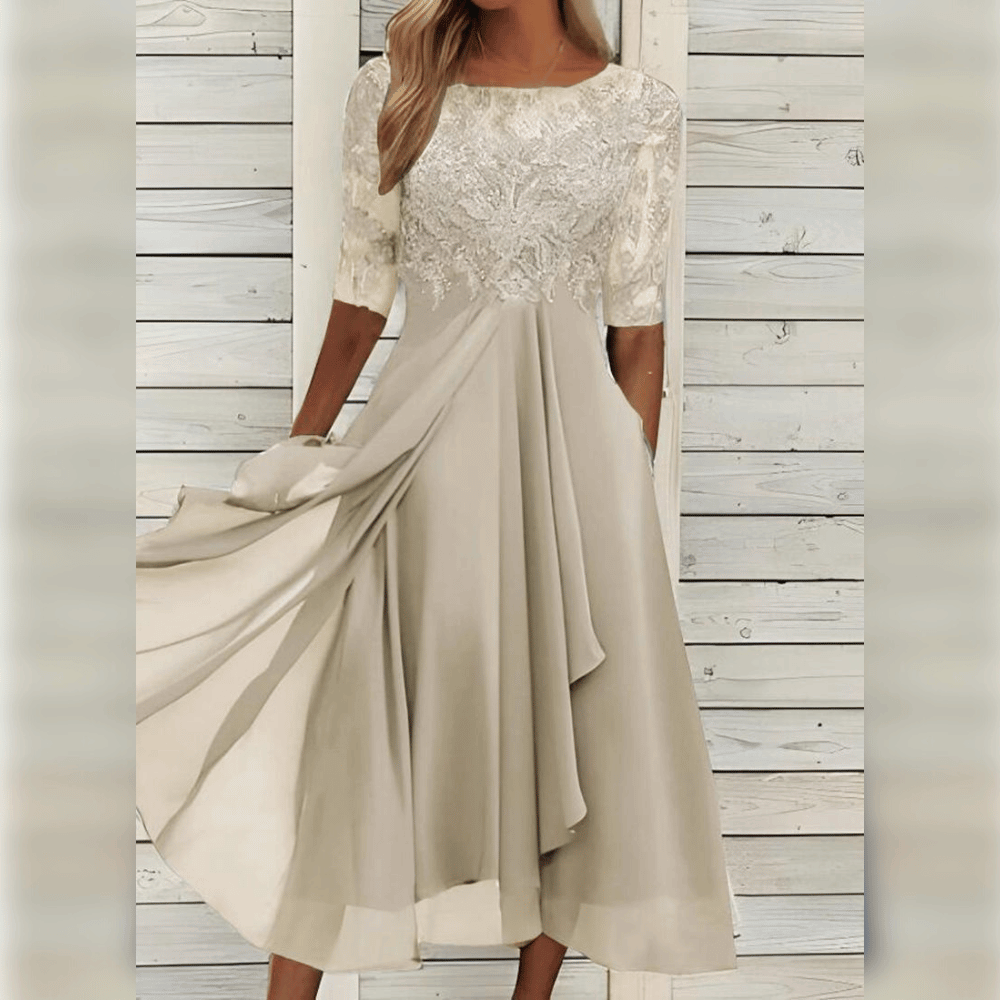 Elivara | High-Waist Chiffon Midi Dress for Women