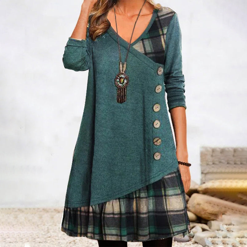 Ardena Asymmetric Check Maxi Dress – Long Sleeve A-Line Women’s Dress with Contrast Panels