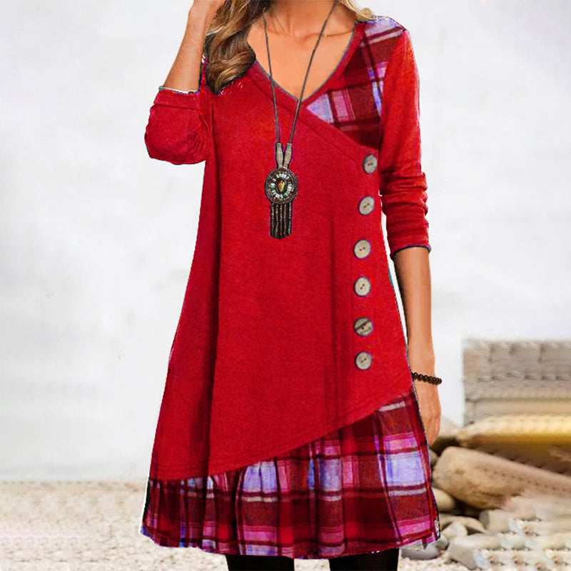 Ardena Asymmetric Check Maxi Dress – Long Sleeve A-Line Women’s Dress with Contrast Panels