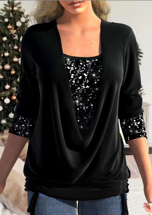 Velmira | Long Sleeve Sequin Blouse with Elegant Relaxed Fit