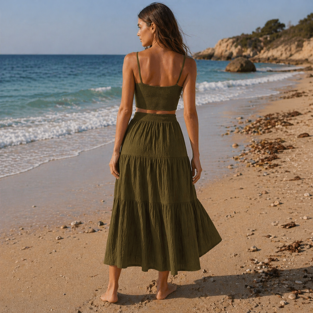 Women's Crop Cami Summer Dress Top & A-Line Skirt Two-Piece Set Spring Beach Summer Clothing –