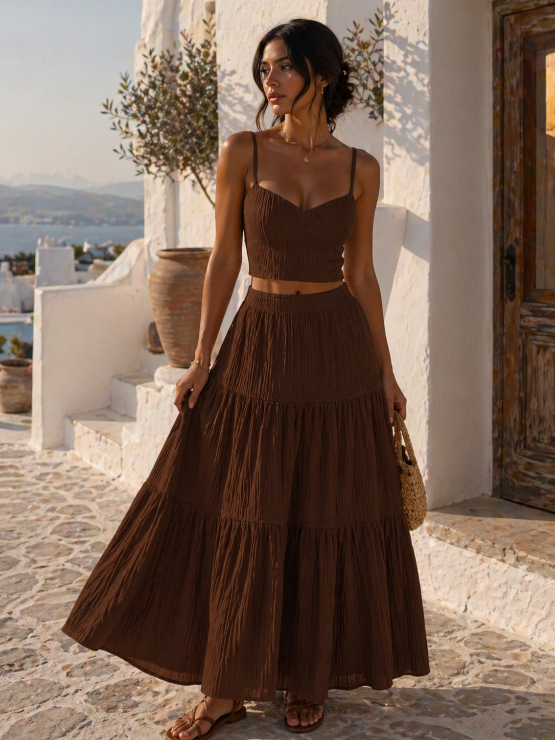 Women's Crop Cami Top & A-Line Skirt Two-Piece Set Dress