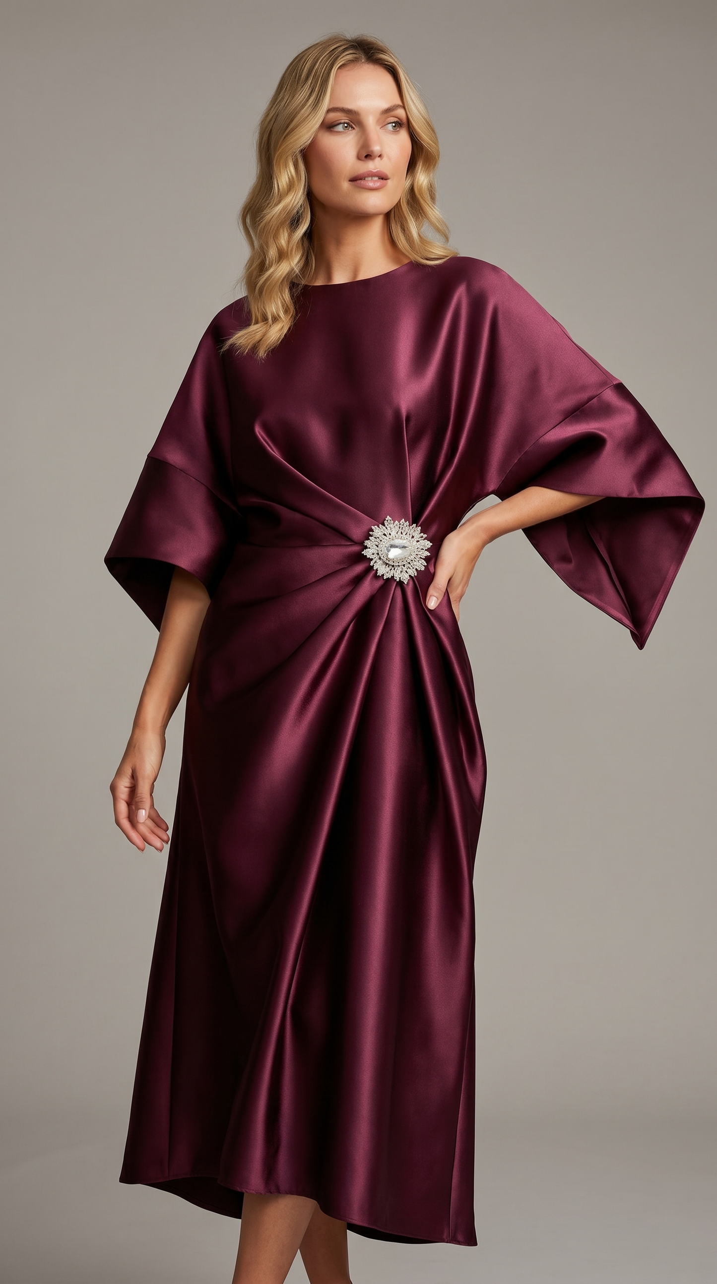 Celestine | Satin Brooch Midi Dress
