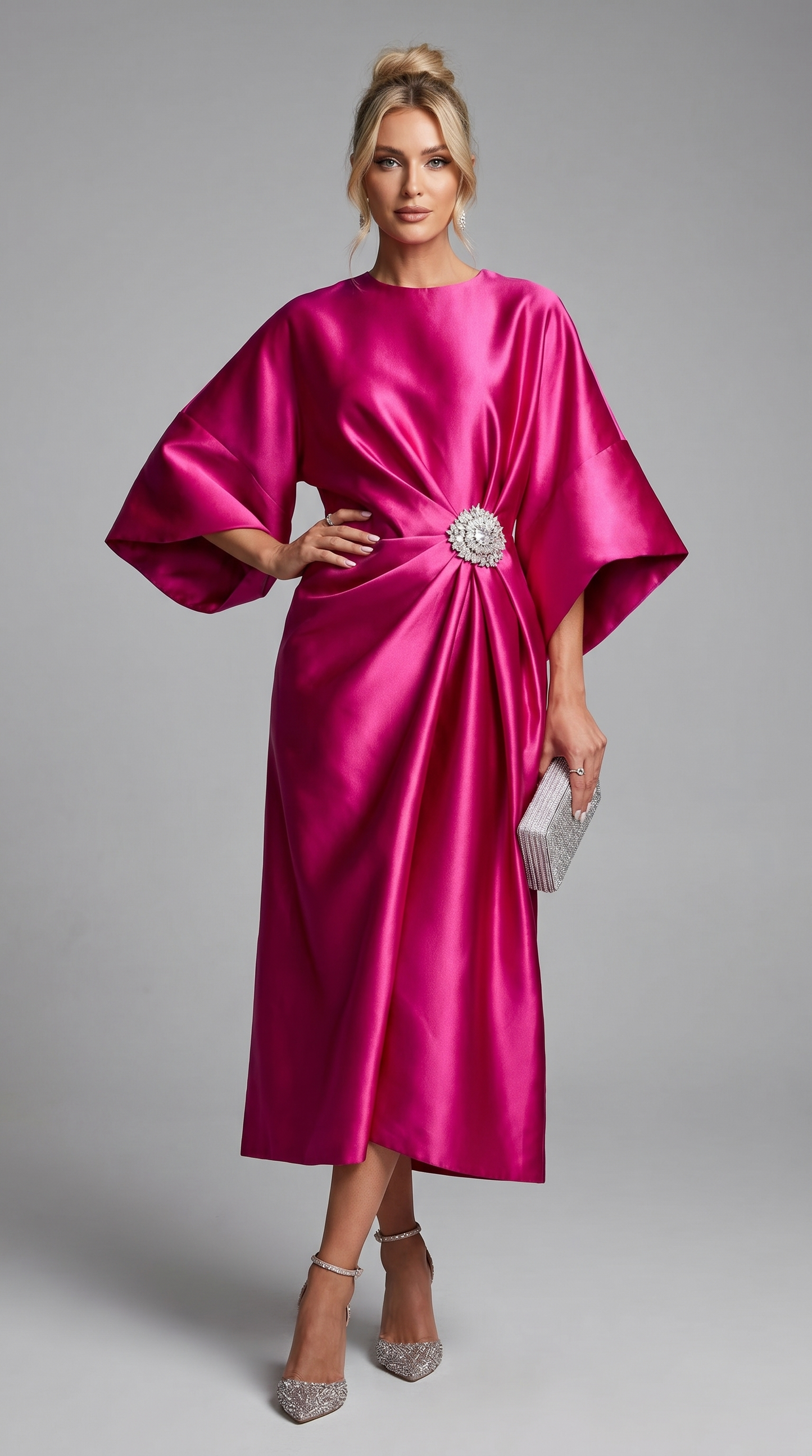 Celestine | Satin Brooch Midi Dress