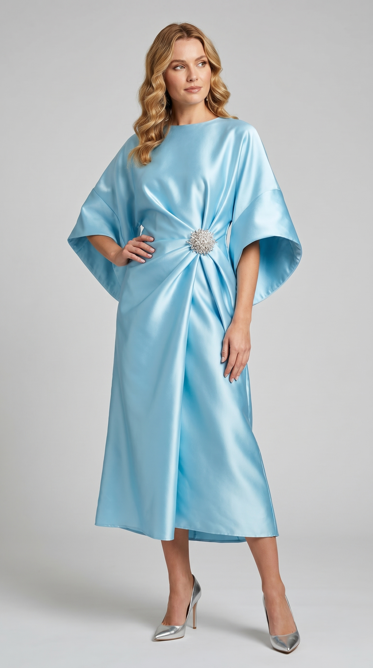 Celestine | Satin Brooch Midi Dress