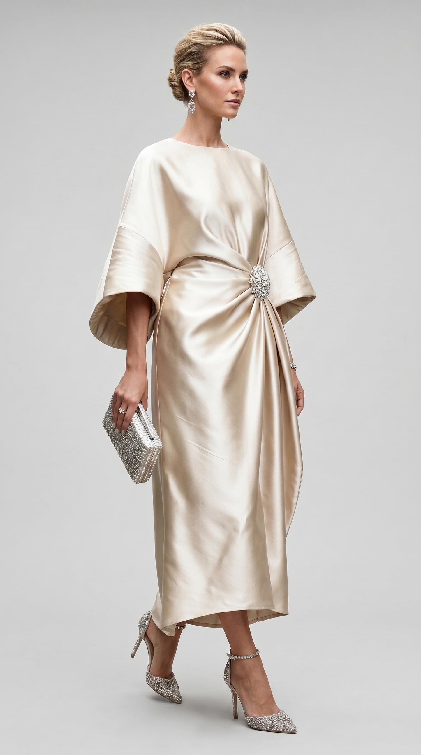 Celestine | Satin Brooch Midi Dress