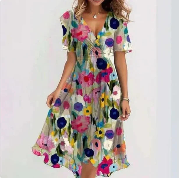 Eloria Women's V-Neck Short Sleeve Midi Summer Dress