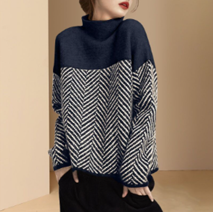 Velmora Soft Turtleneck Knit Jumper – Elegant Loose Fit Two-Tone Design