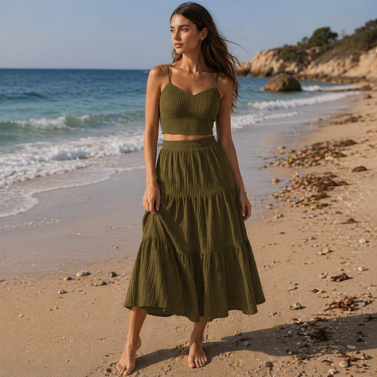 Women's Crop Cami Top & A-Line Skirt Two-Piece Set Dress