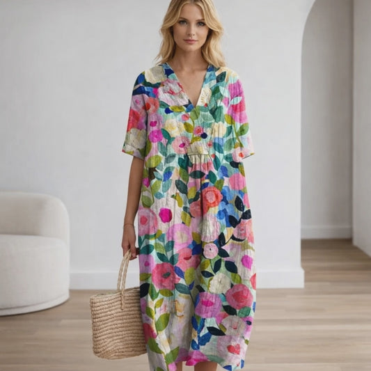 Florenna | Colourful Floral V-Neck Summer Dress for Women