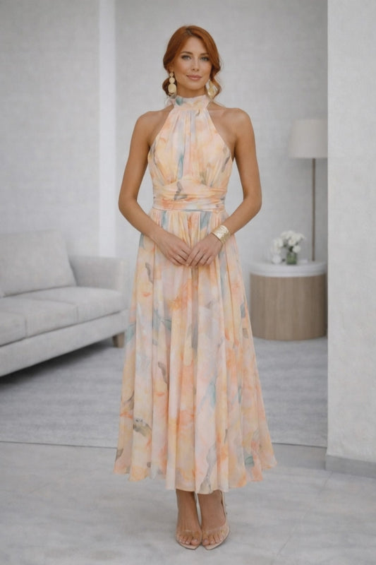 Aquarelle Grace Halterneck Watercolour Maxi Dress