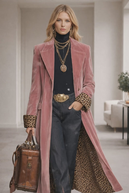 Veloura Savannah Leopard Panel Velvet Lapel Single Breasted Coat