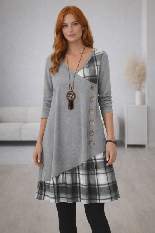 Ardena Asymmetric Check Maxi Dress – Long Sleeve A-Line Women’s Dress with Contrast Panels