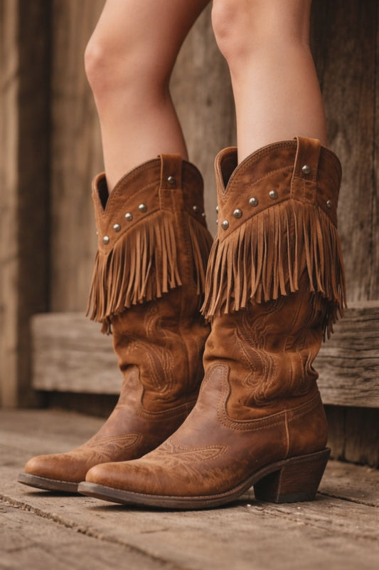 Calidora West Embroidered Tassel Faux Suede Cowgirl Boots for Women