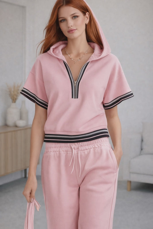 Blush Active Zip Hoodie Short Sleeve Top and Pant Sport Set