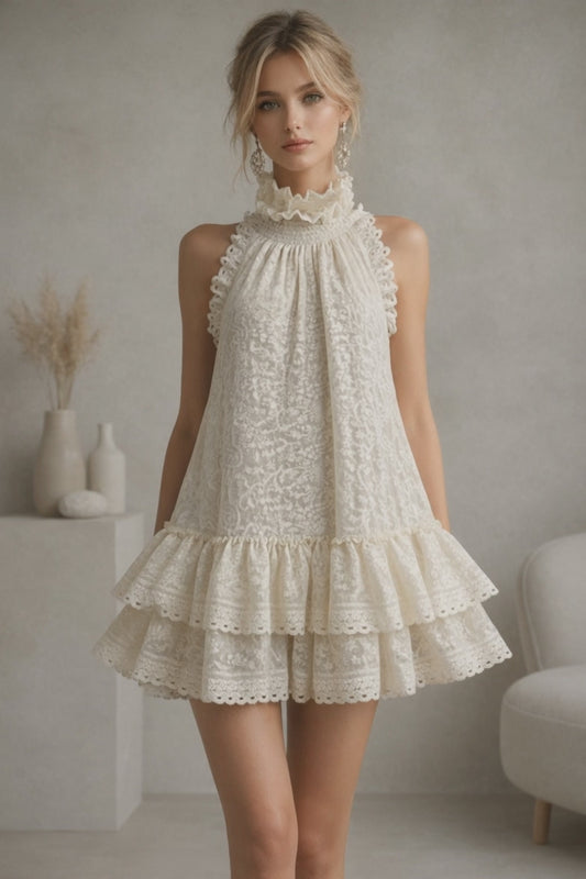 Sandy Bloom Lace Ruffle Sleeveless Retro Vacation Mini Dress