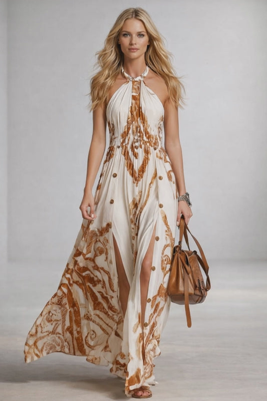 Desert Muse Halter Split Chiffon Western Print Boho Maxi Dress