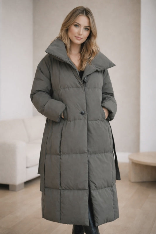 Velmora Tailored Long Winter Coat with Adjustable Waist Belt