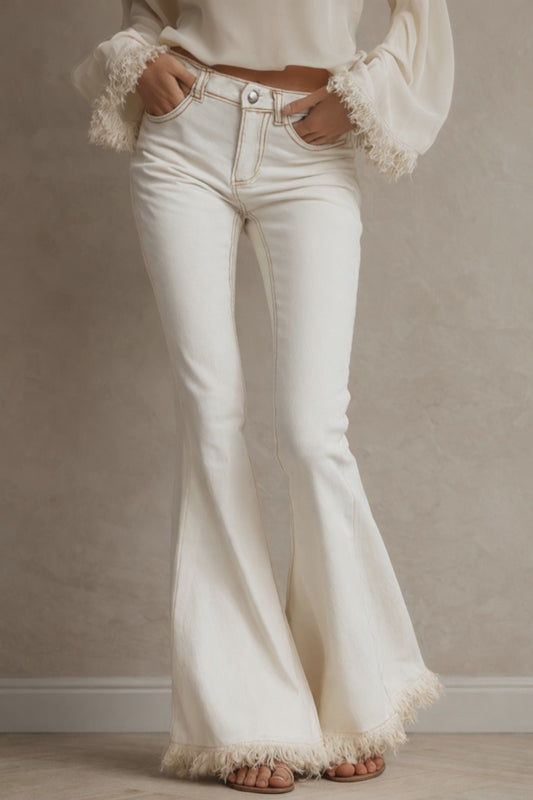 Lunavelle Raw Edge White Flare Denim Jeans for Women
