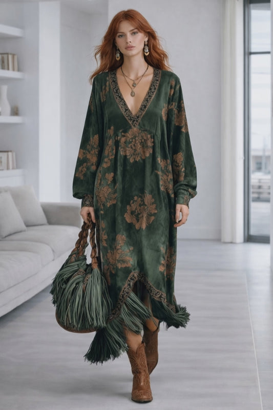 Retro Silhouette Printed Green Faux Suede Tassel Maxi Dress
