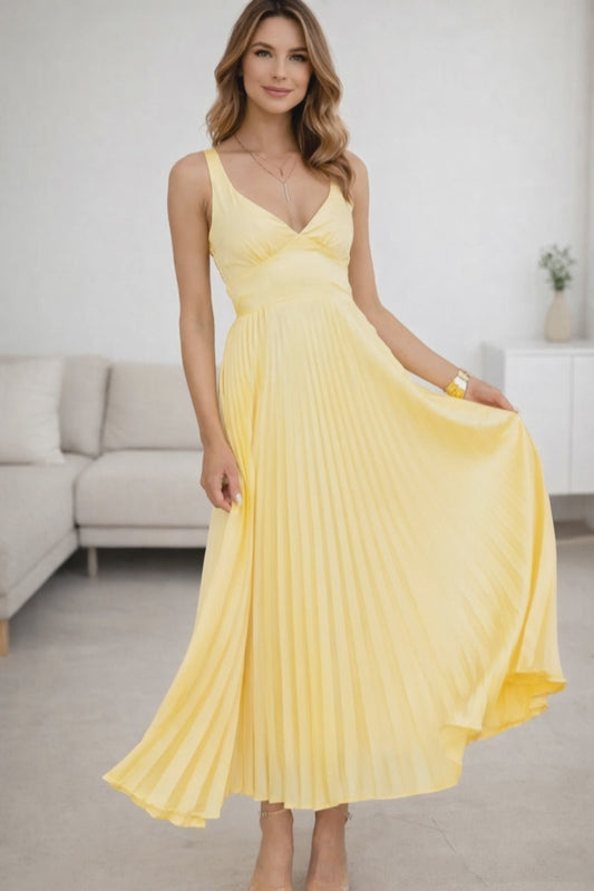 Solmira Pleated V-Neck Maxi Dress in Sunlit Yellow
