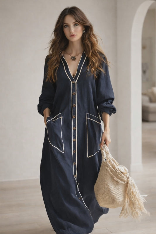 Navy Harbor Contrast Trim Cotton Linen Urban Maxi Dress