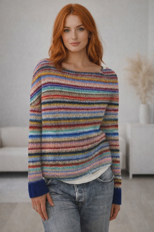 Aurielle Stripe Jacquard Knit Jumper for Women – Relaxed Crew Neck Loose Fit