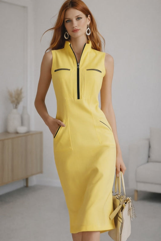 Sunny Crest Zip Collar Sleeveless Cotton Blend Casual Midi Dress