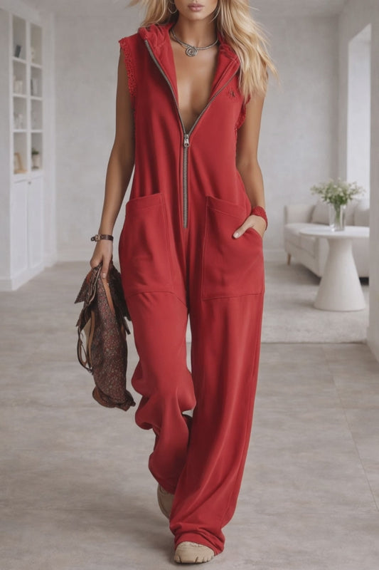 Berry Motion Hooded Zip V-Neck Cotton Sleeveless Retro Jumpsuit