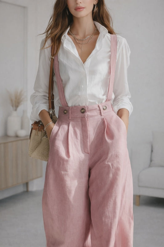 Rose Haven Cotton Linen Wide Leg Vintage Overalls