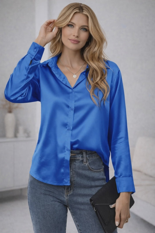 Serenique Satin Long Sleeve Blouse – Elegant Loose Fit Shirt for Women