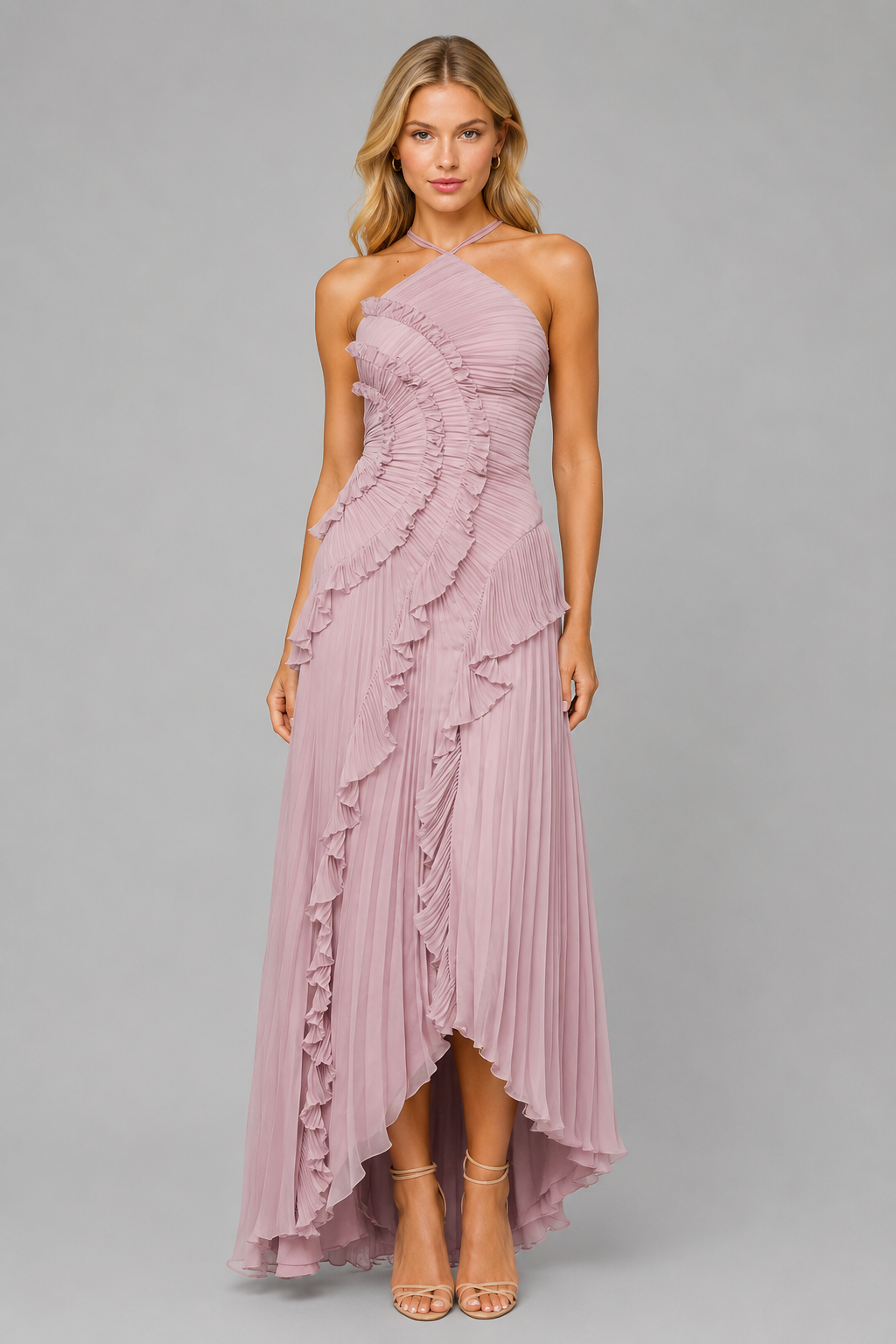 Celeste | Pleated Ruffle Halter Maxi Dress