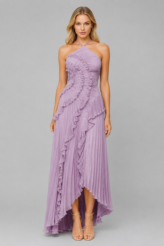Celeste | Pleated Ruffle Halter Maxi Dress